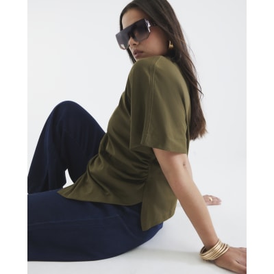Khaki Short Sleeve Drape Side T-shirt