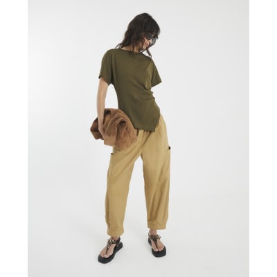 Khaki Short Sleeve Drape Side T-shirt