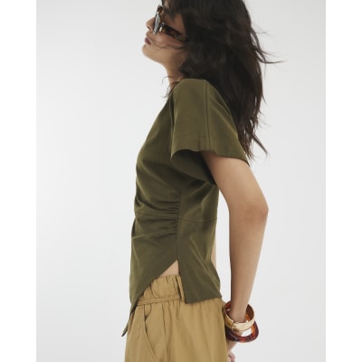 Khaki Short Sleeve Drape Side T-shirt