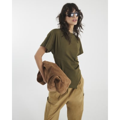 Khaki Short Sleeve Drape Side T-shirt