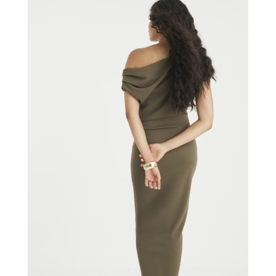 Khaki Short Sleeve Ruched Midi Dress