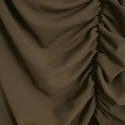 Khaki Short Sleeve Ruched Midi Dress