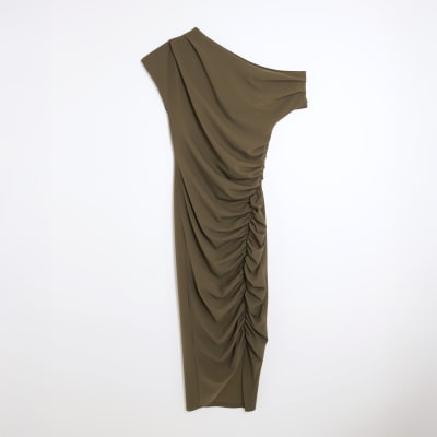 Khaki Short Sleeve Ruched Midi Dress