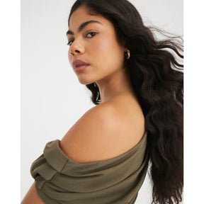 Khaki Short Sleeve Ruched Midi Dress