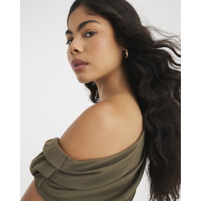 Khaki Short Sleeve Ruched Midi Dress