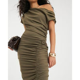 Khaki Short Sleeve Ruched Midi Dress