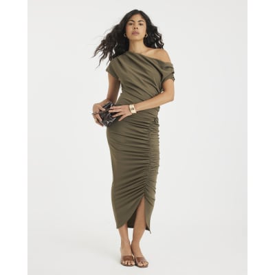 Khaki Short Sleeve Ruched Midi Dress