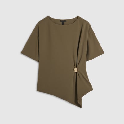 Khaki Short Sleeve Ruched Side Top