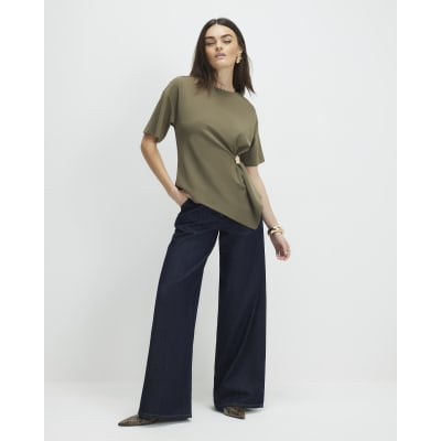 Khaki Short Sleeve Ruched Side Top