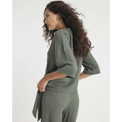 Khaki Short Sleeve Textured Tie T-shirt