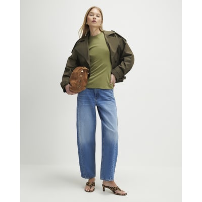 Khaki Short Sleeve Tie Back Seamed Top