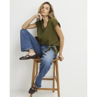 Khaki Short Sleeve V Neck Top