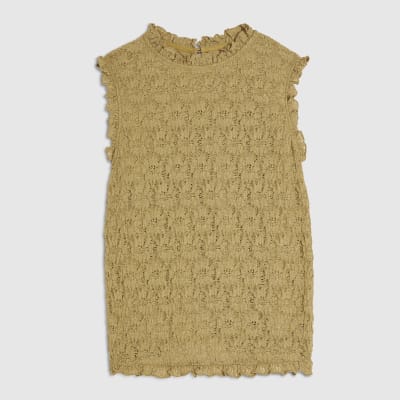 Khaki Sleeveless Lettuce Trim Textured Top