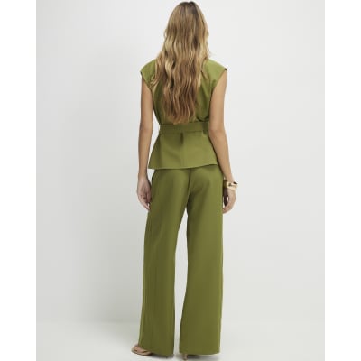 Khaki Tailored Wide Leg Trousers