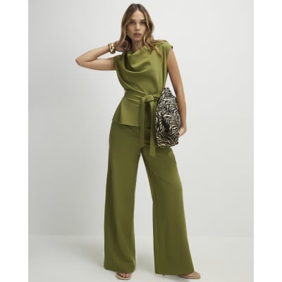 Khaki Tailored Wide Leg Trousers