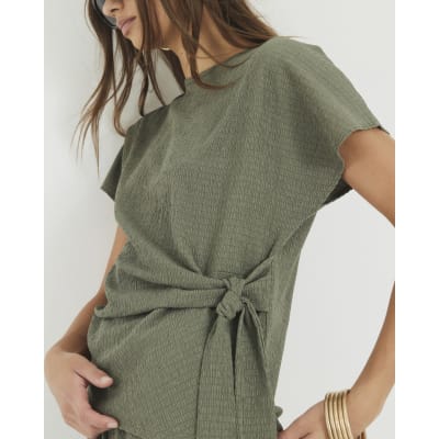 Khaki Textured Tie Detail T-shirt