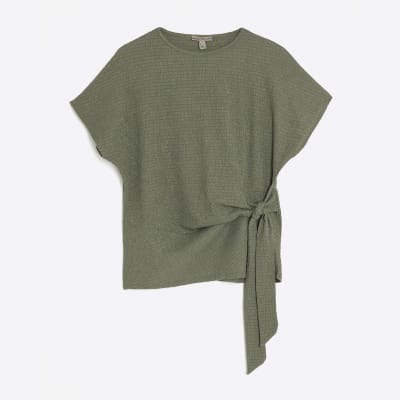 Khaki Textured Tie Detail T-shirt