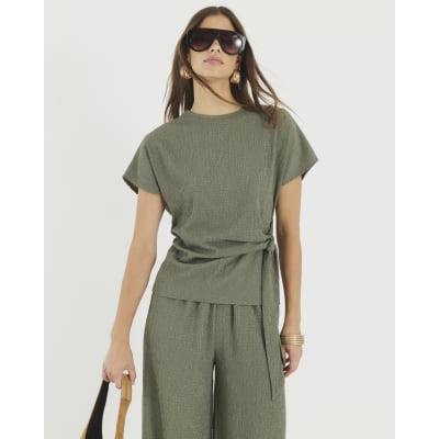 Khaki Textured Tie Detail T-shirt