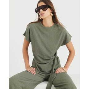Khaki Textured Tie Detail T-shirt