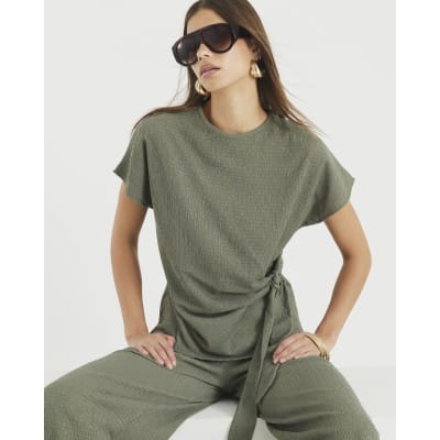 Khaki Textured Tie Detail T-shirt