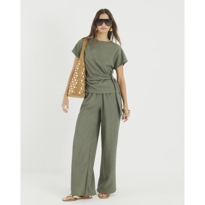 Khaki Textured Tie Detail T-shirt