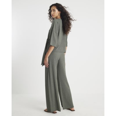 Khaki Textured Wide Leg Trousers