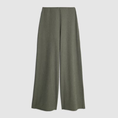 Khaki Textured Wide Leg Trousers