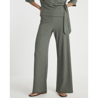 Khaki Textured Wide Leg Trousers