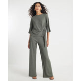 Khaki Textured Wide Leg Trousers