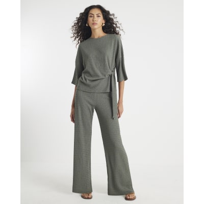 Khaki Textured Wide Leg Trousers