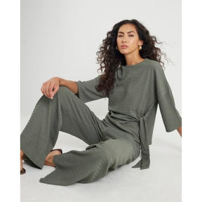 Khaki Textured Wide Leg Trousers