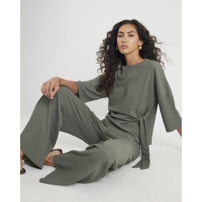Khaki Textured Wide Leg Trousers