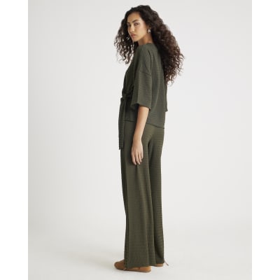 Khaki Textured wide leg Trousers