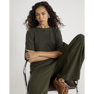 Khaki Textured wide leg Trousers