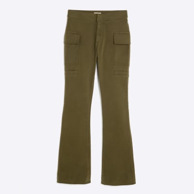 Khaki Twill Flared Cargo Trousers