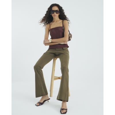 Khaki Twill Flared Cargo Trousers