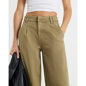 Khaki Twill Straight Leg Trousers