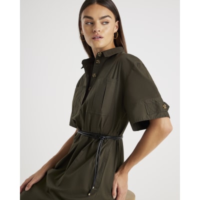 Khaki Utility Mini Shirt Dress