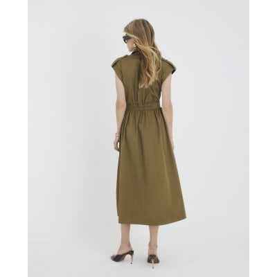 Khaki Utility Tie Front Midi Shirt Dress