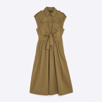 Khaki Utility Tie Front Midi Shirt Dress
