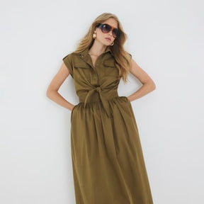Khaki Utility Tie Front Midi Shirt Dress