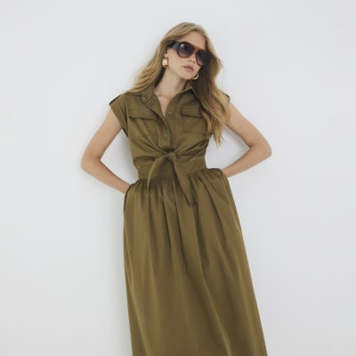 Khaki Utility Tie Front Midi Shirt Dress