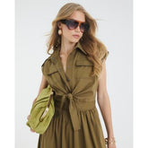 Khaki Utility Tie Front Midi Shirt Dress