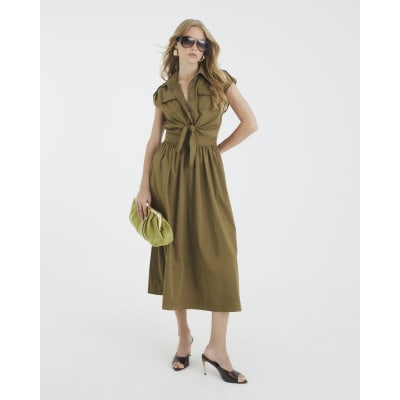 Khaki Utility Tie Front Midi Shirt Dress