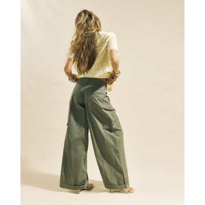 Khaki Wide Leg Cargo Trousers