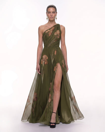 Floral One Shoulder Maxi Dress - Black