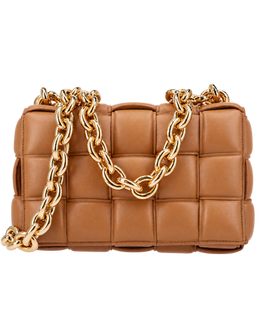 Lambskin Maxi Intreccio Padded Chain Cassette Crossbody Bag Caramel