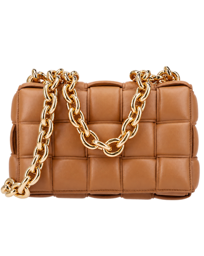 Lambskin Maxi Intreccio Padded Chain Cassette Crossbody Bag Caramel