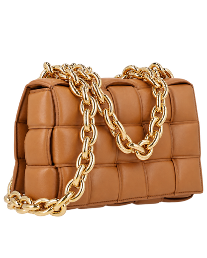 Lambskin Maxi Intreccio Padded Chain Cassette Crossbody Bag Caramel