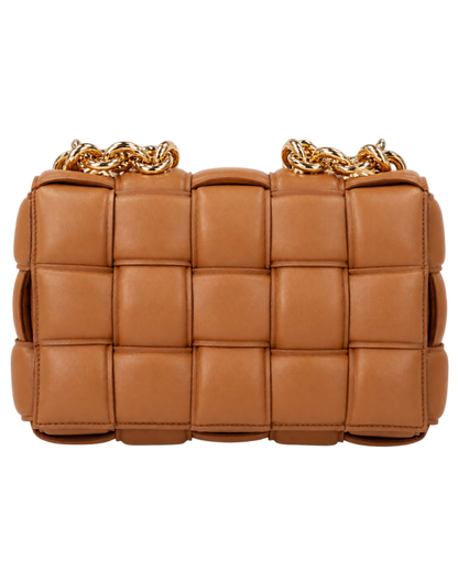 Lambskin Maxi Intreccio Padded Chain Cassette Crossbody Bag Caramel